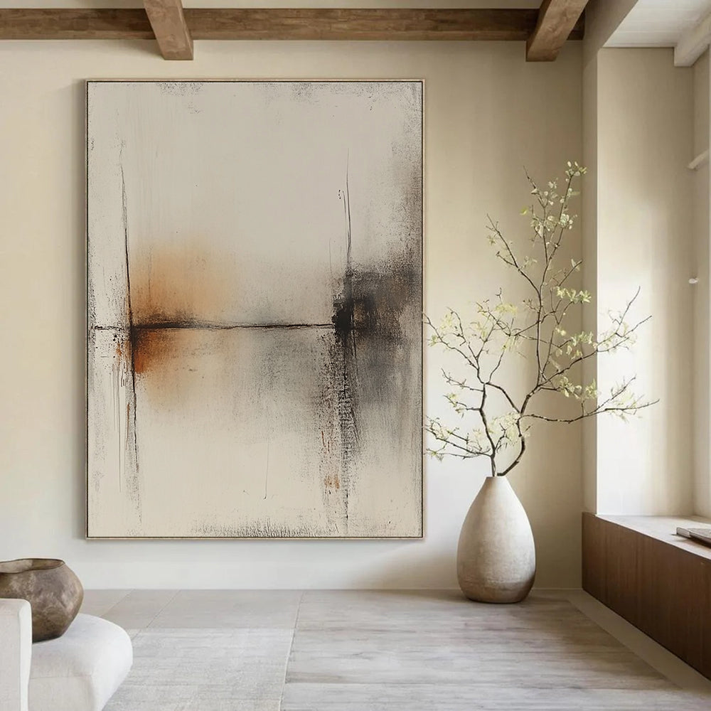 Large abstract painting featuring a white background with brown lines and a subtle tonal range in gray and amber hues.STSC736