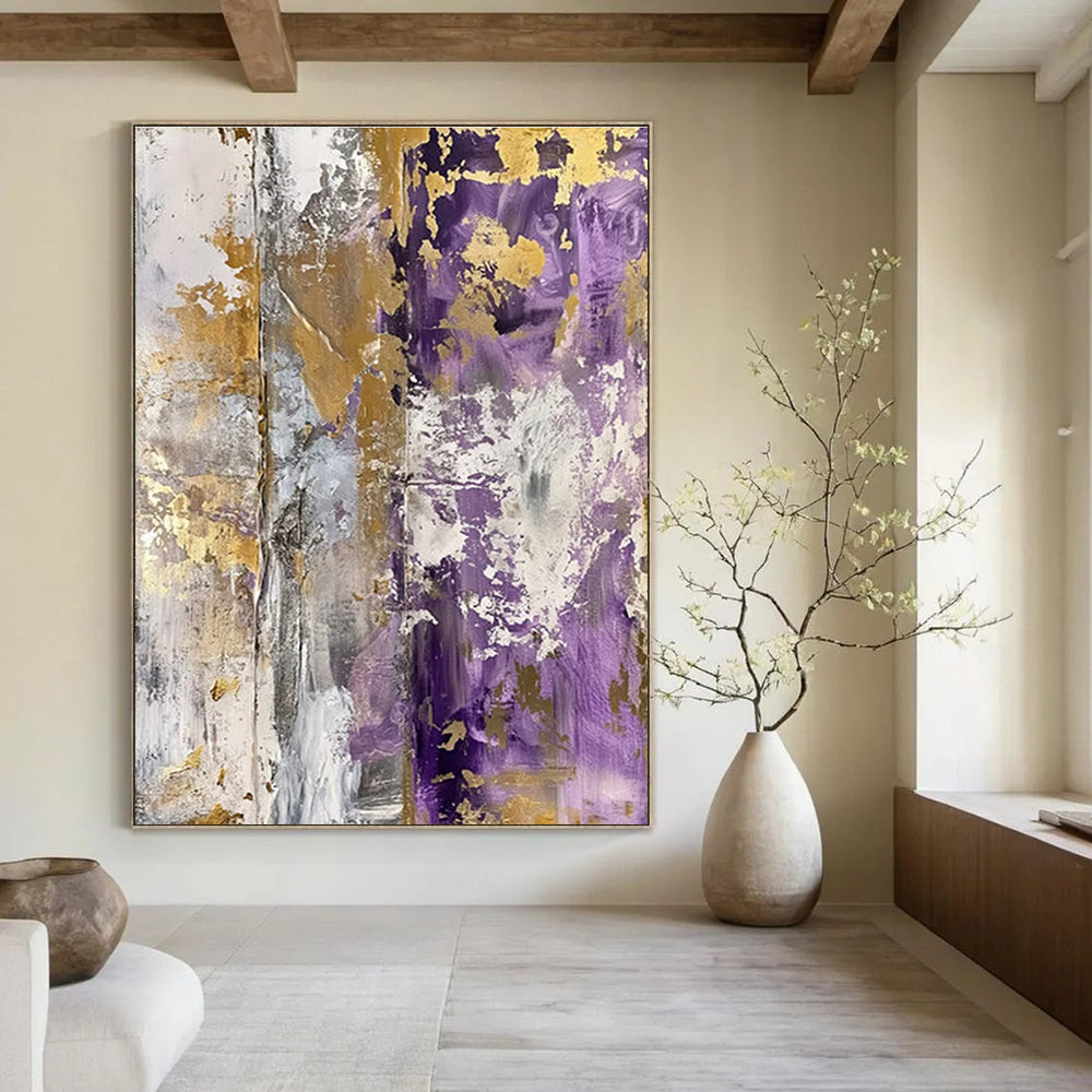 Purple and Gold Textured Abstract Painting with Gray Accents ADGE134
