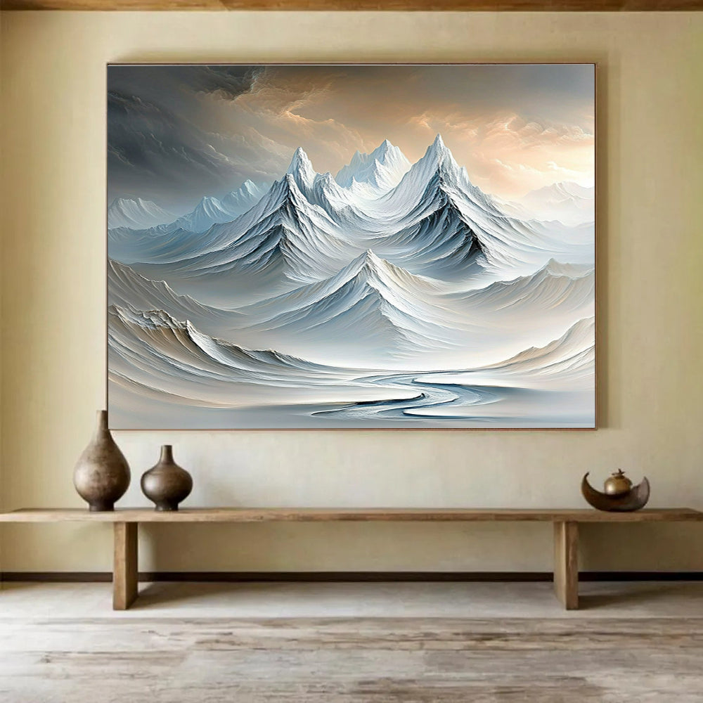 Surreal Snowy Peaks Dreamlike Abstract Painting with Soft White and Blue Tones DYP609