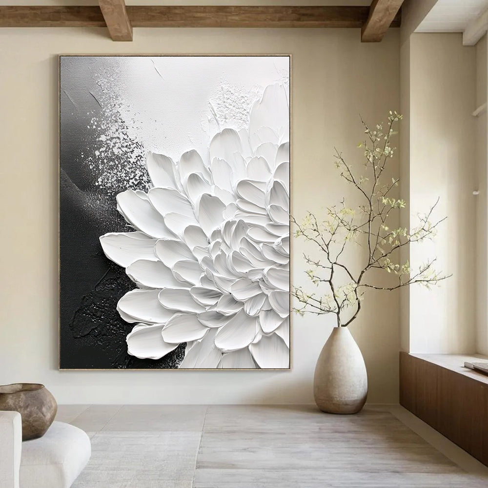 Large abstract painting of chrysanthemum on textured canvas with black and gray background featuring stunning close-up details.STSC518