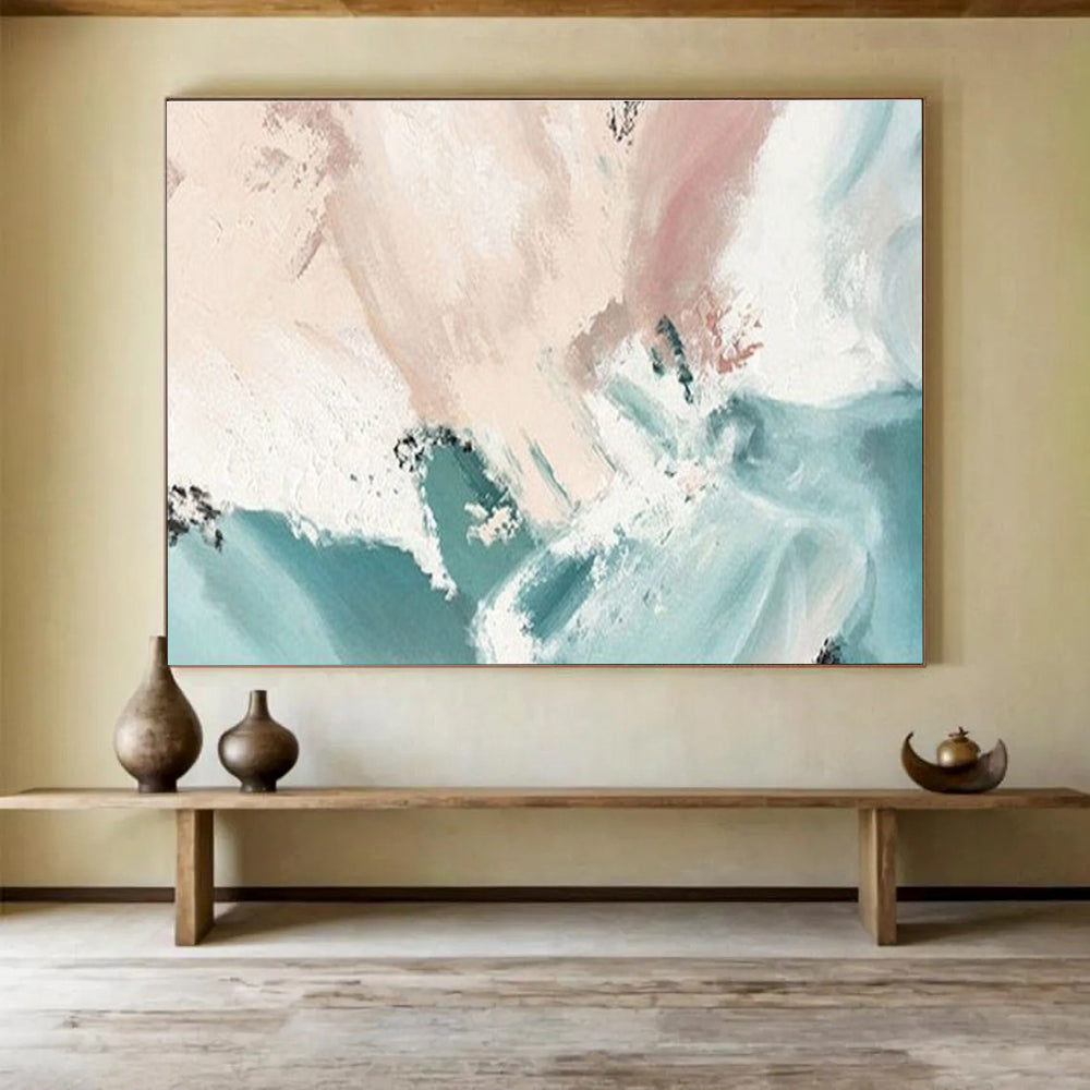Soft Color Splash Abstract Painting with Pink, White, and Teal Hues THY182