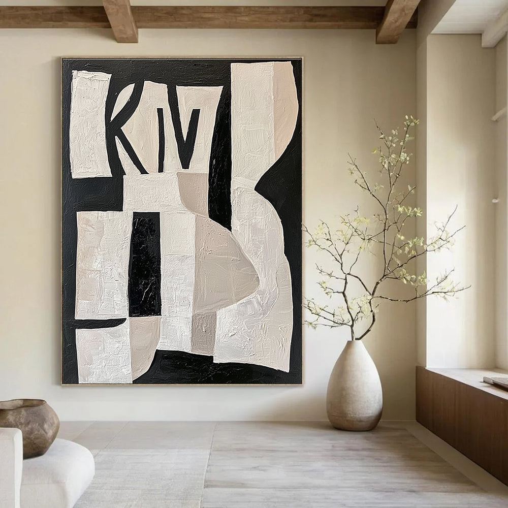 Large abstract painting featuring white shapes on a black background with deconstructed collage elements and the word KIWI in pastel colors.STSC313