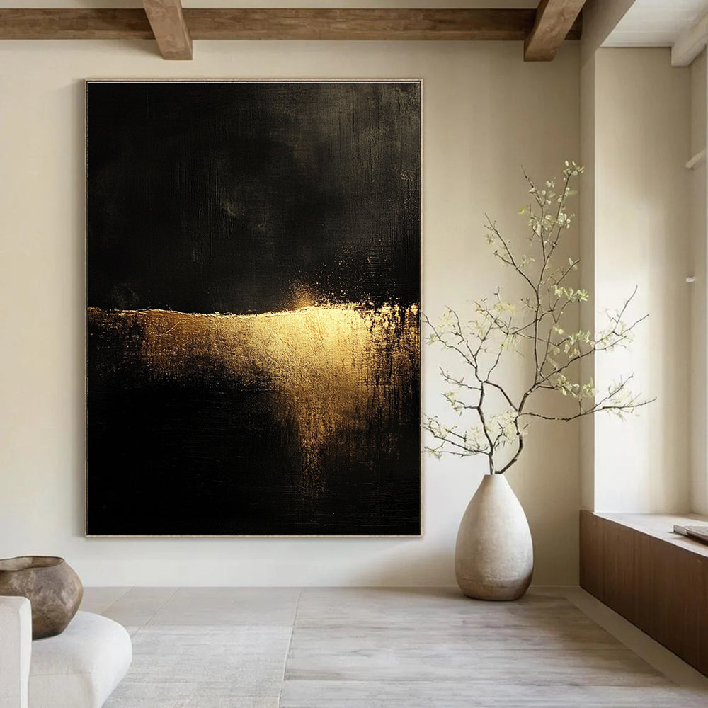 Abstract landscape featuring golden light on a dark textured ground in the style of John Harris with a minimalistic aesthetic.STSC075