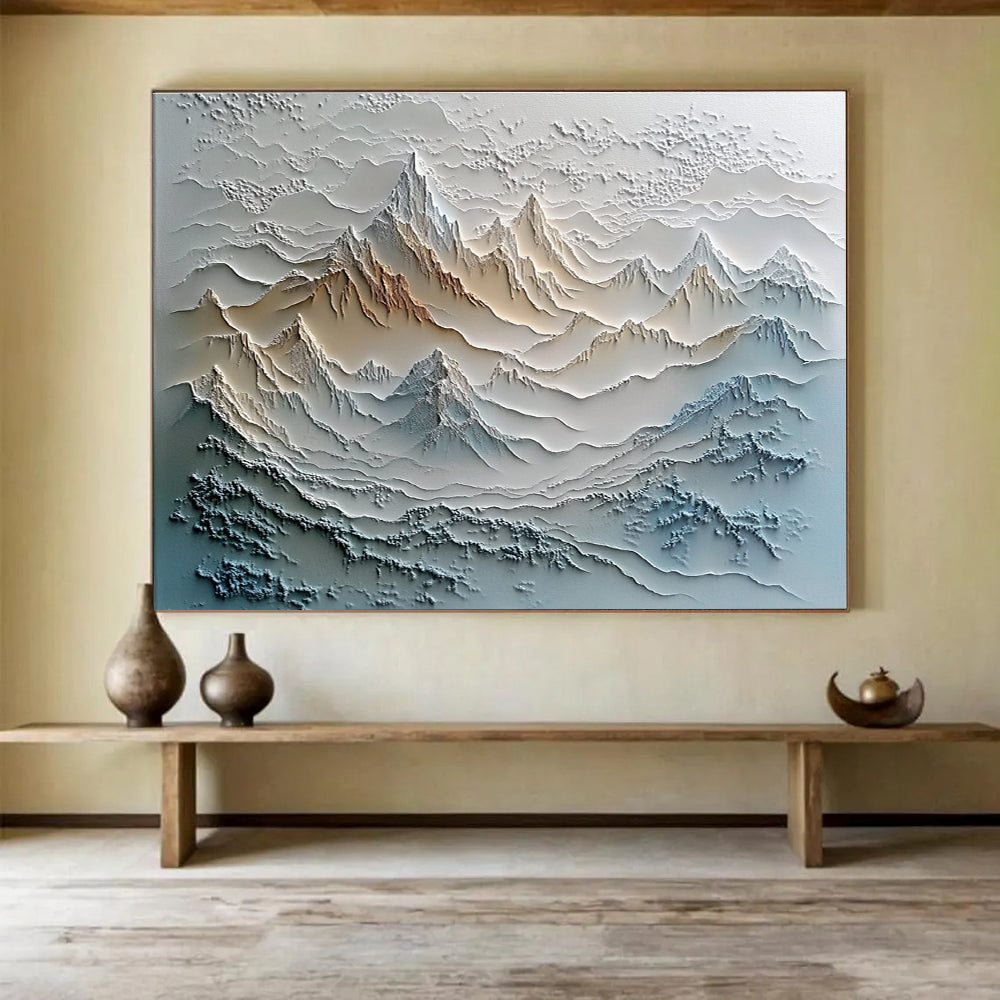A large abstract painting featuring textured layers of mountains and rivers in vibrant colors, set against a misty, tranquil landscape.SC624
