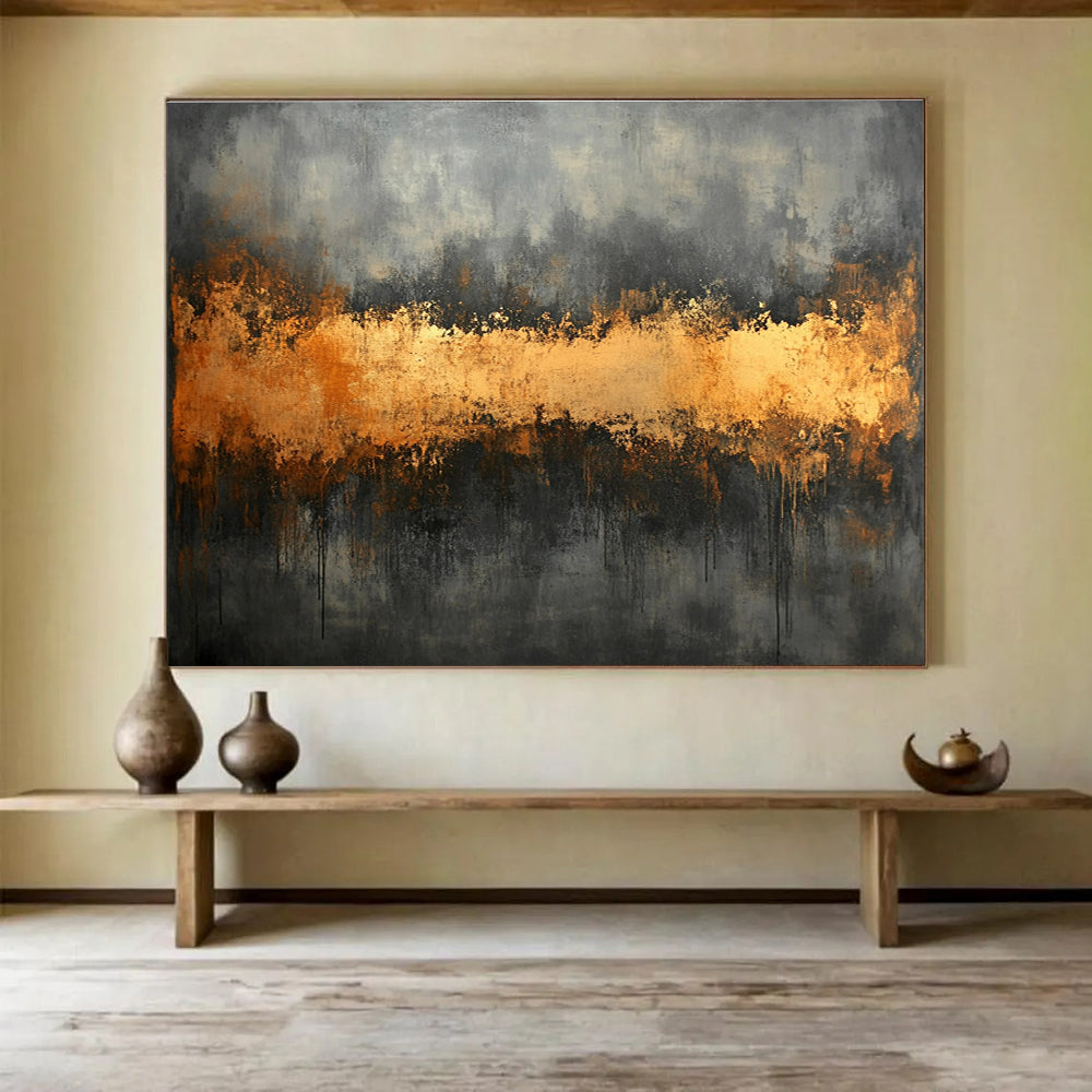 Gray and Gold Abstract Painting with Dripping Textures DYP305