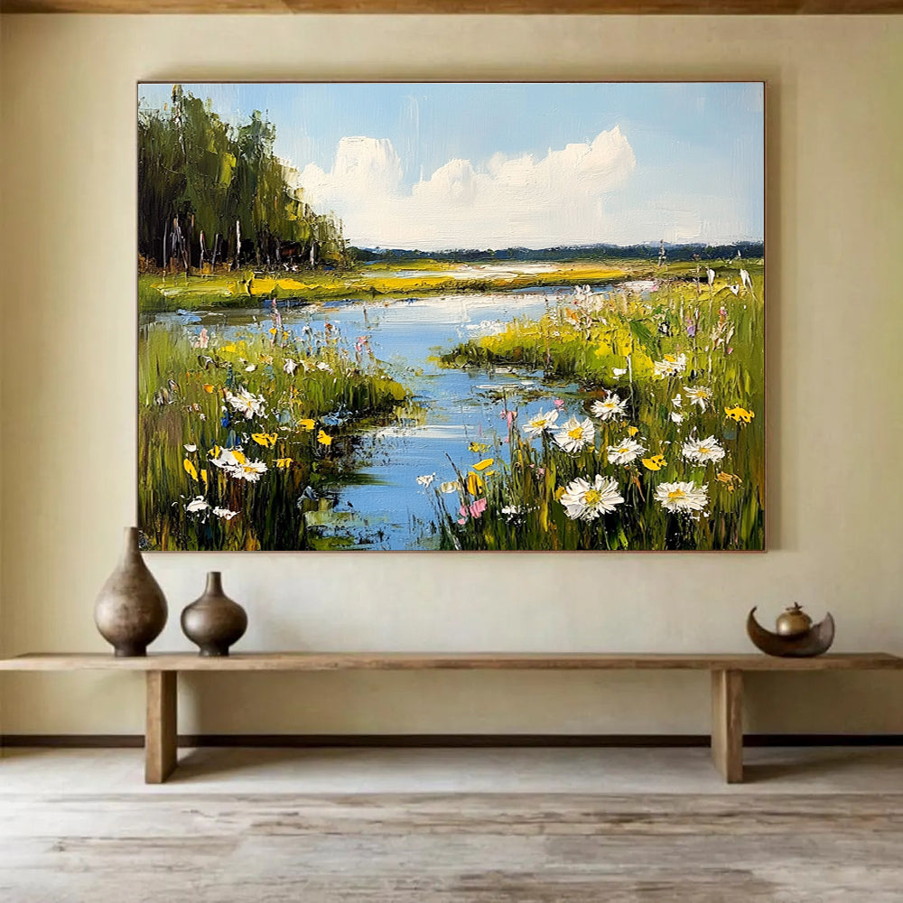 Abstract painting featuring a serene meadow with wildflowers and a reflective river under a sunny sky enhanced by gentle clouds.SC600