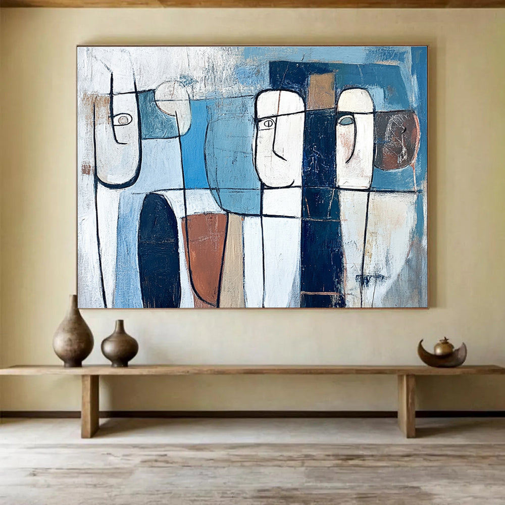 Geometric Faces Abstract Painting with Blue and Earthy Tones DYP348