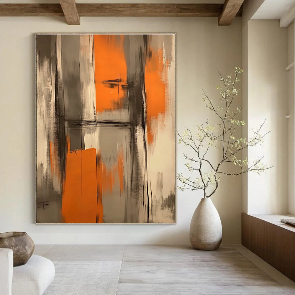 Large abstract painting featuring orange and gray brush strokes creating an atmospheric background perfect for a furniture exhibition inspired by Chinese aesthetics.STSC782