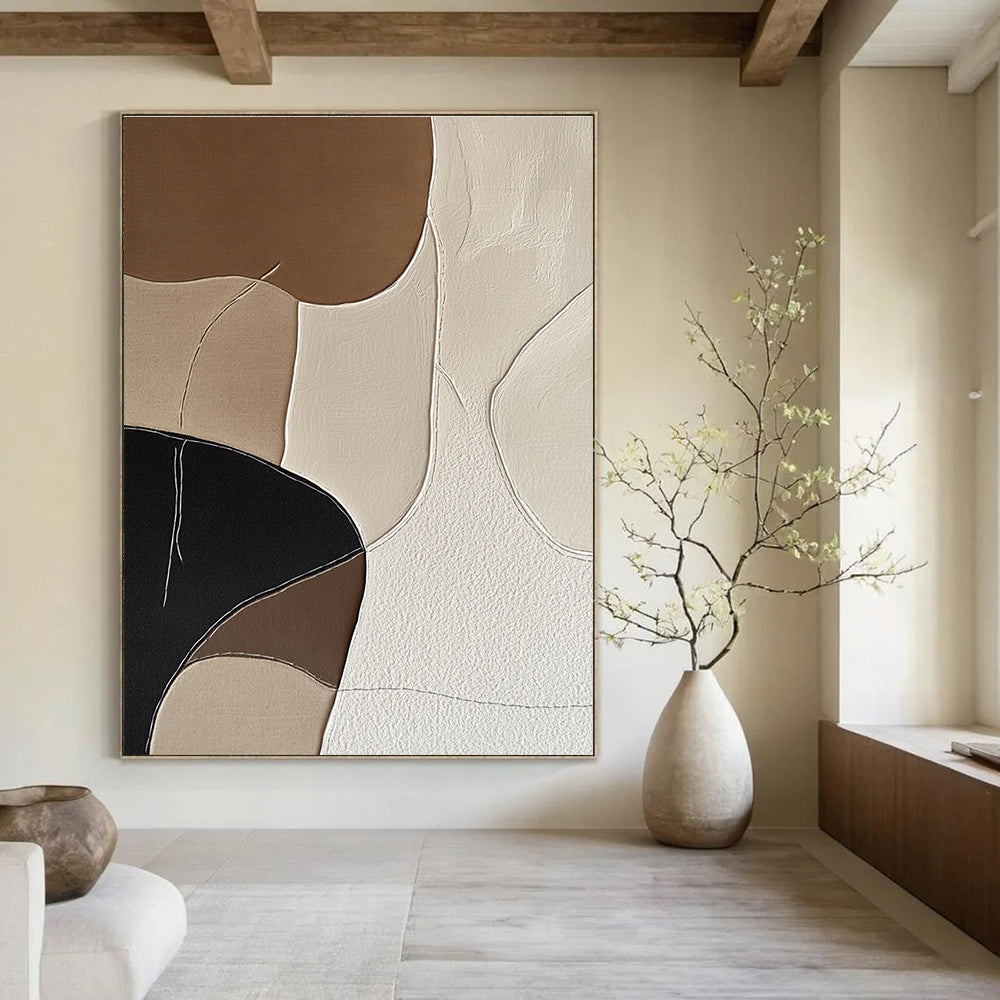 Large abstract artwork featuring minimalist Japandi style with hand-stitched organic shapes in neutral shades of beige black and white.STSC1337