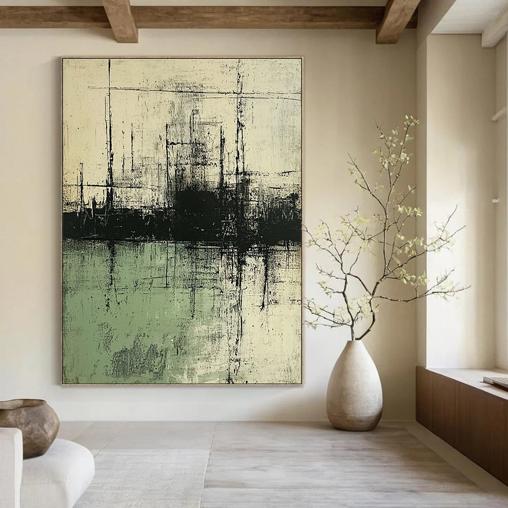 Large abstract painting featuring neutral tones of green and gray with water elements inspired by multiple renowned artists.STSC139