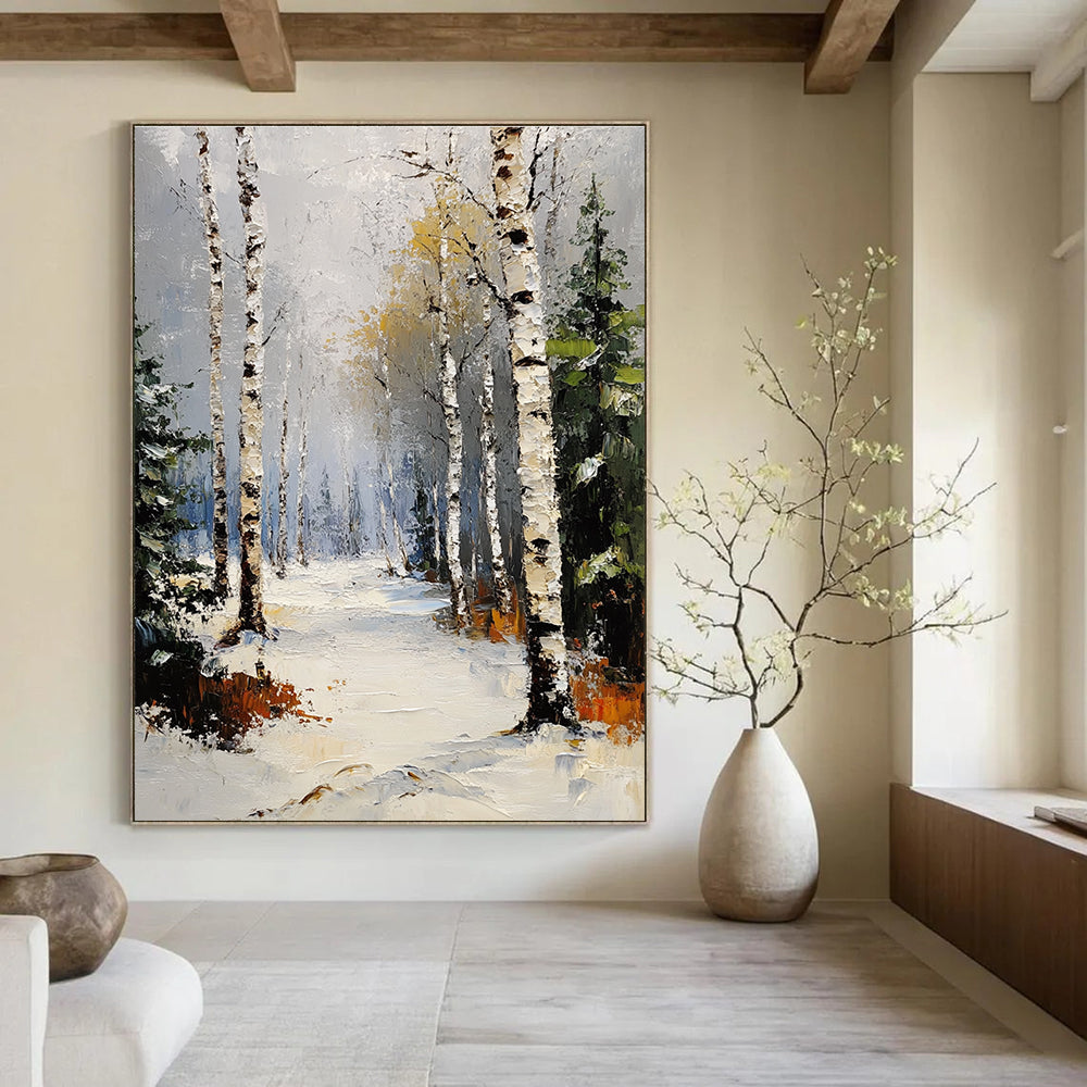 Abstract painting of a winter birch forest with pines under a grey sky and snowfall featuring thick impasto brush strokes.STSC1381