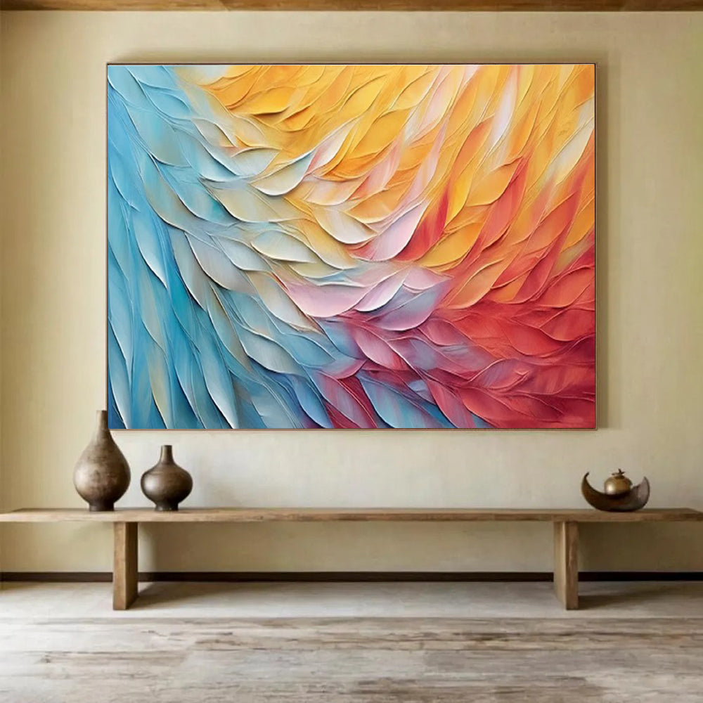 Colorful Feather Abstract Painting with Blue, Yellow, and Red Hues THY201