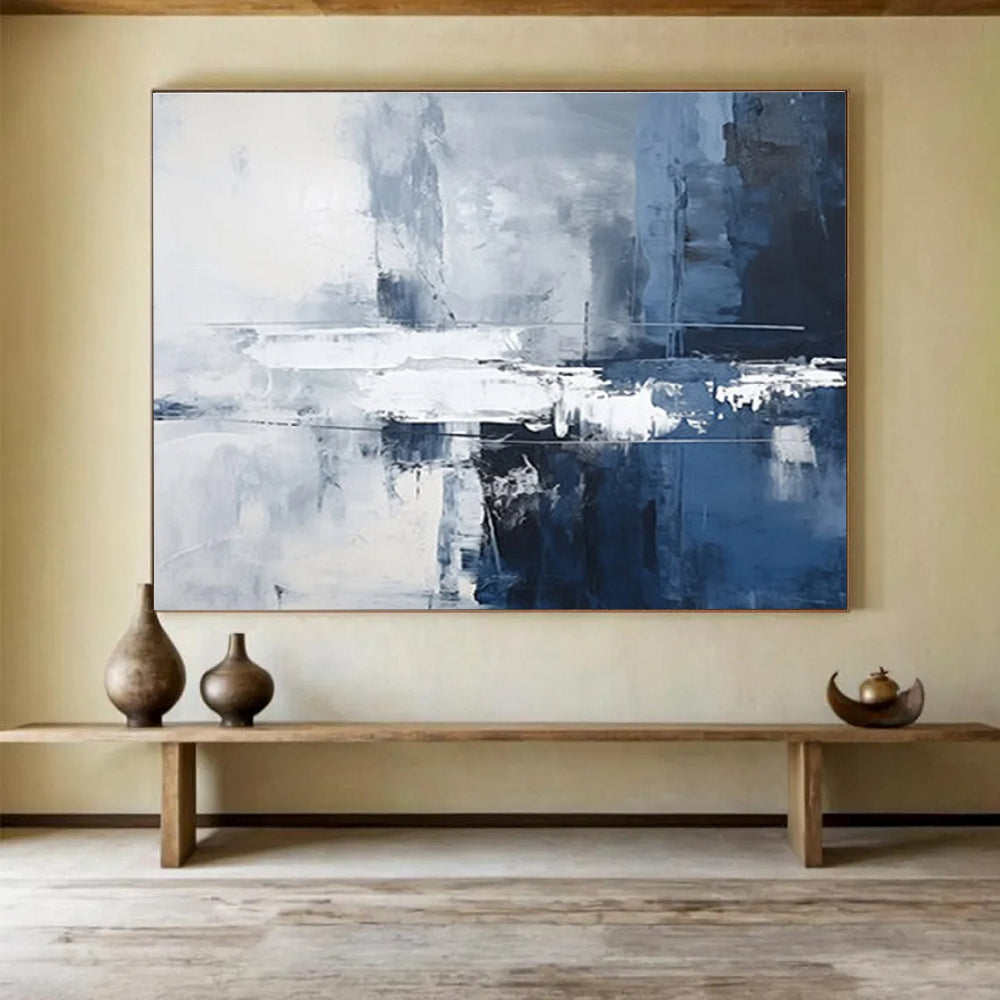Blue and White Textured Abstract Cityscape - like Painting THY102