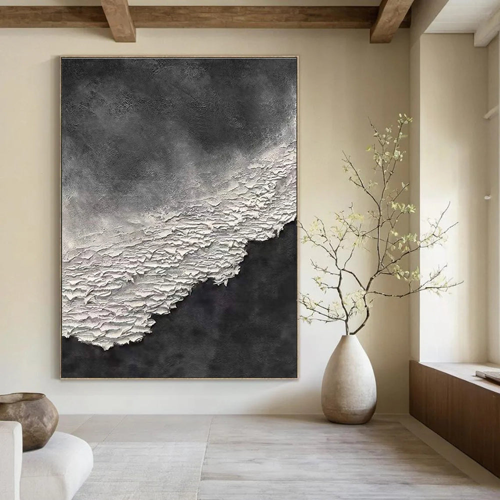 Black and White Textured Abstract Painting with Layered Effects ADGE339