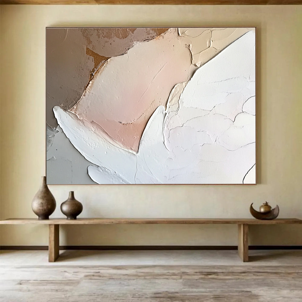 Large abstract painting of an angel featuring neutral colors and soft pink and white tones with heavy brush strokes on canvas.SC152