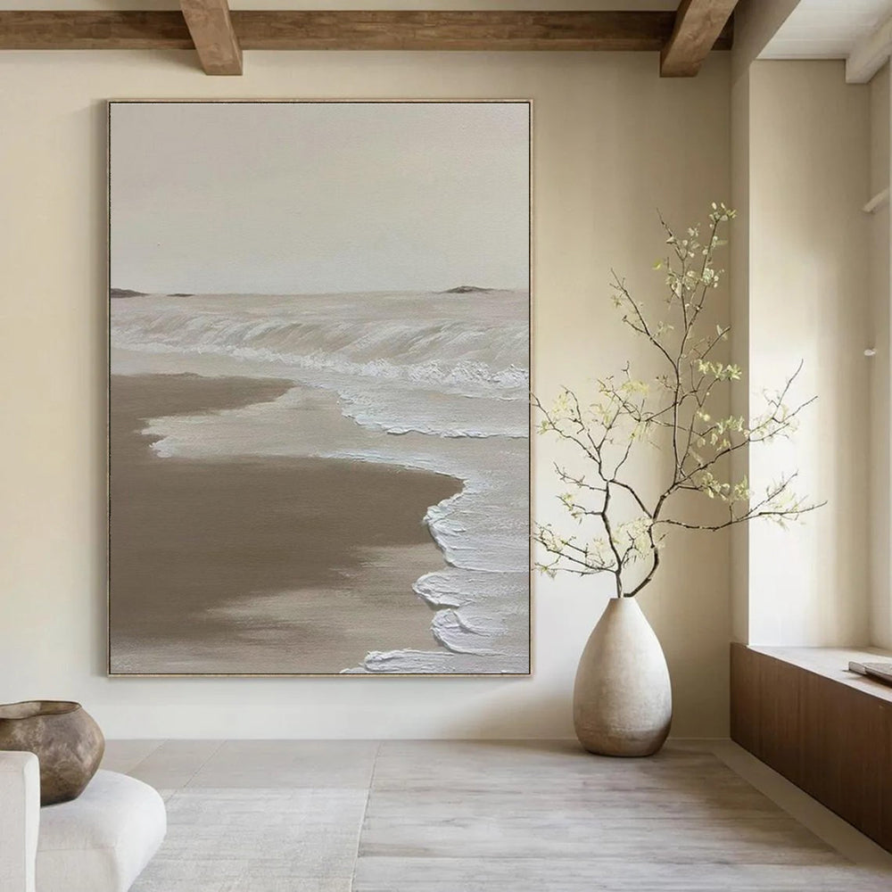 Beige and White Seaside Abstract Painting with Textured Waves ADGE521