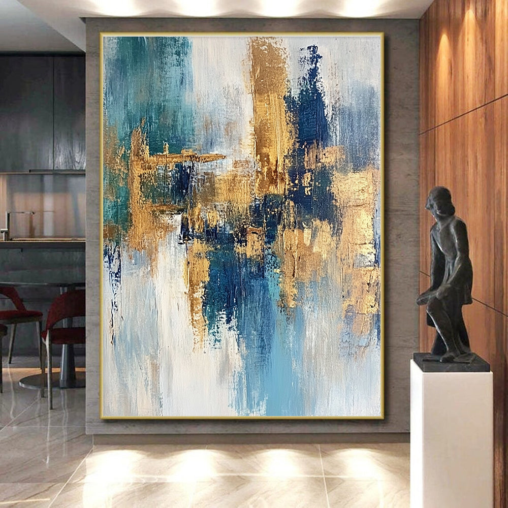 Blue and Gold Abstract Painting with Dynamic Strokes GER474