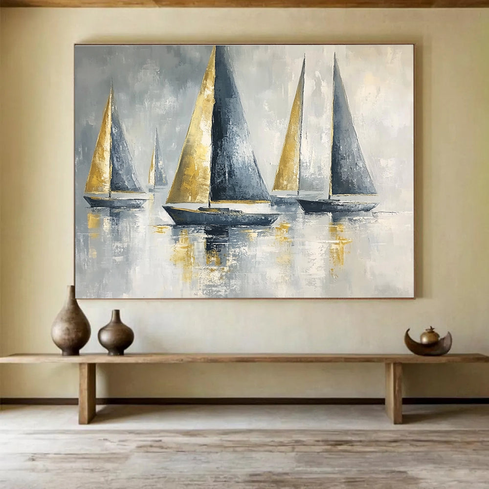 Gold and Gray Sailboats Elegant Abstract Painting with Metallic Accents DYP607