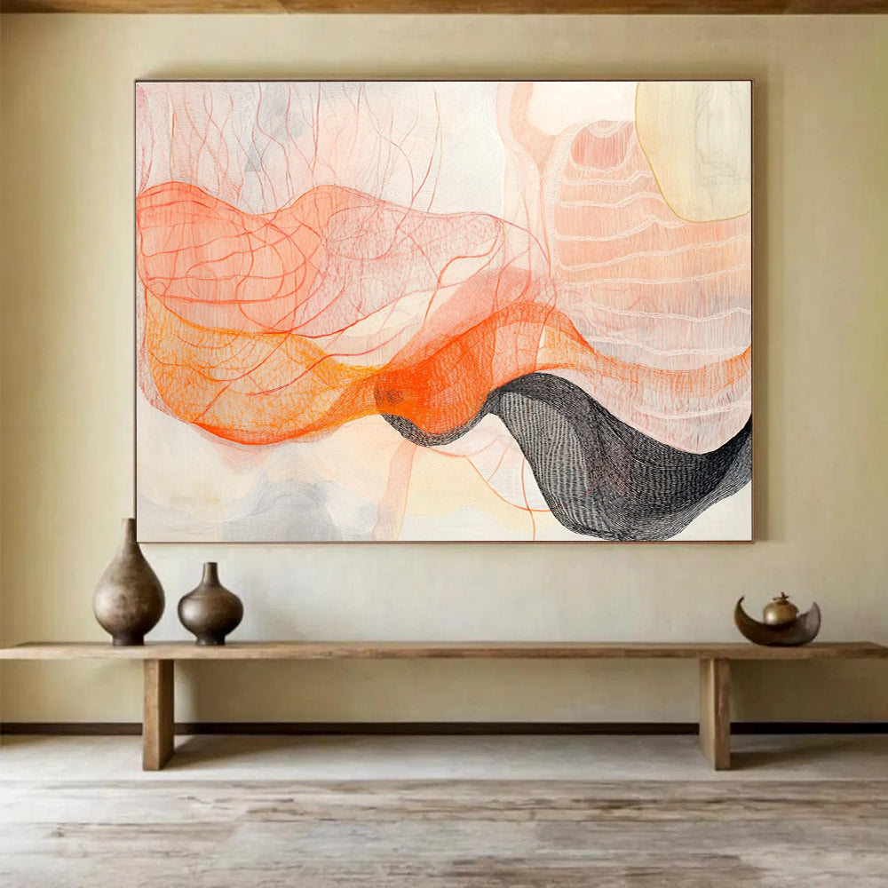 Line and Color Wave Abstract Painting with Orange and Black DYP462