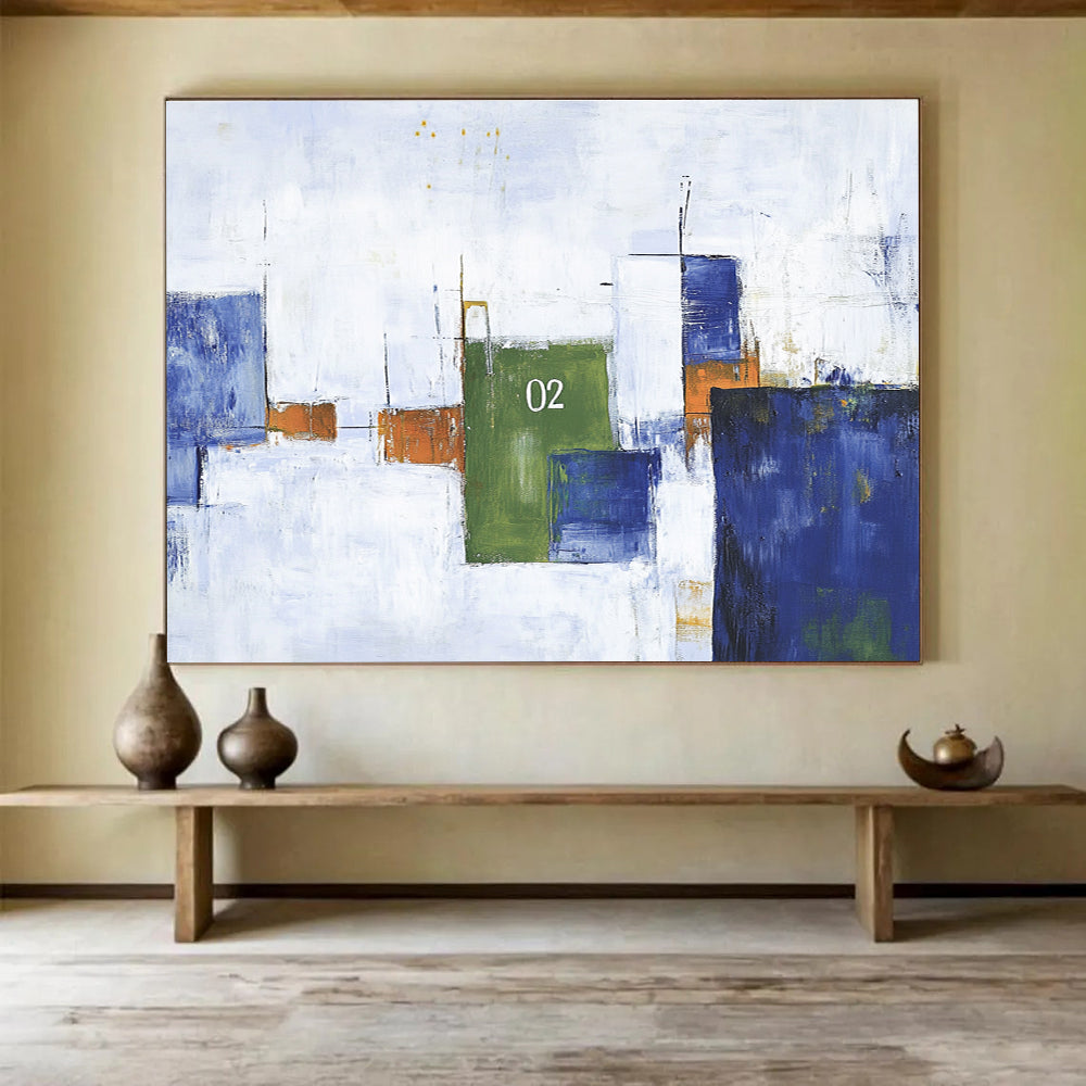 Geometric Numbered Abstract Painting with Blue Green and Orange DYP323
