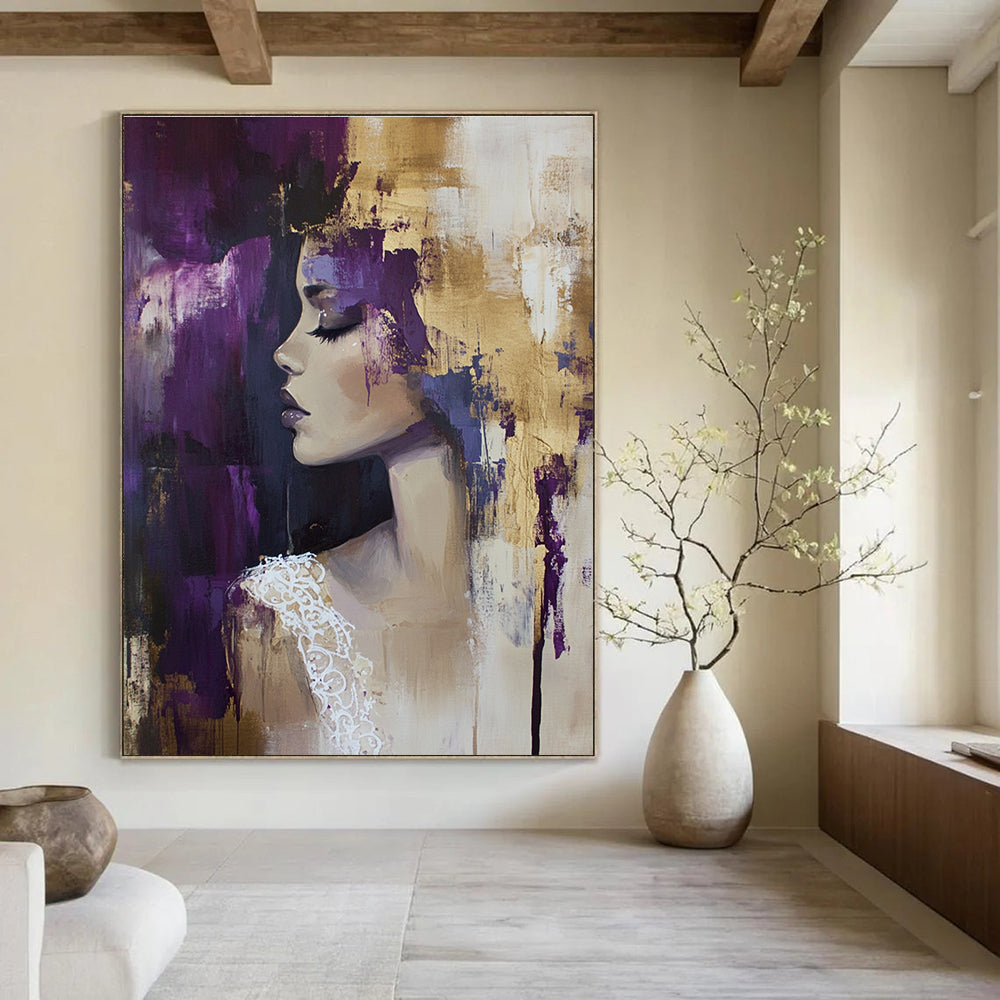 Abstract oil painting featuring a woman in a Hunkemöller lace top with gold accents against a dark gold foil background in beige and purple hues.STSC177