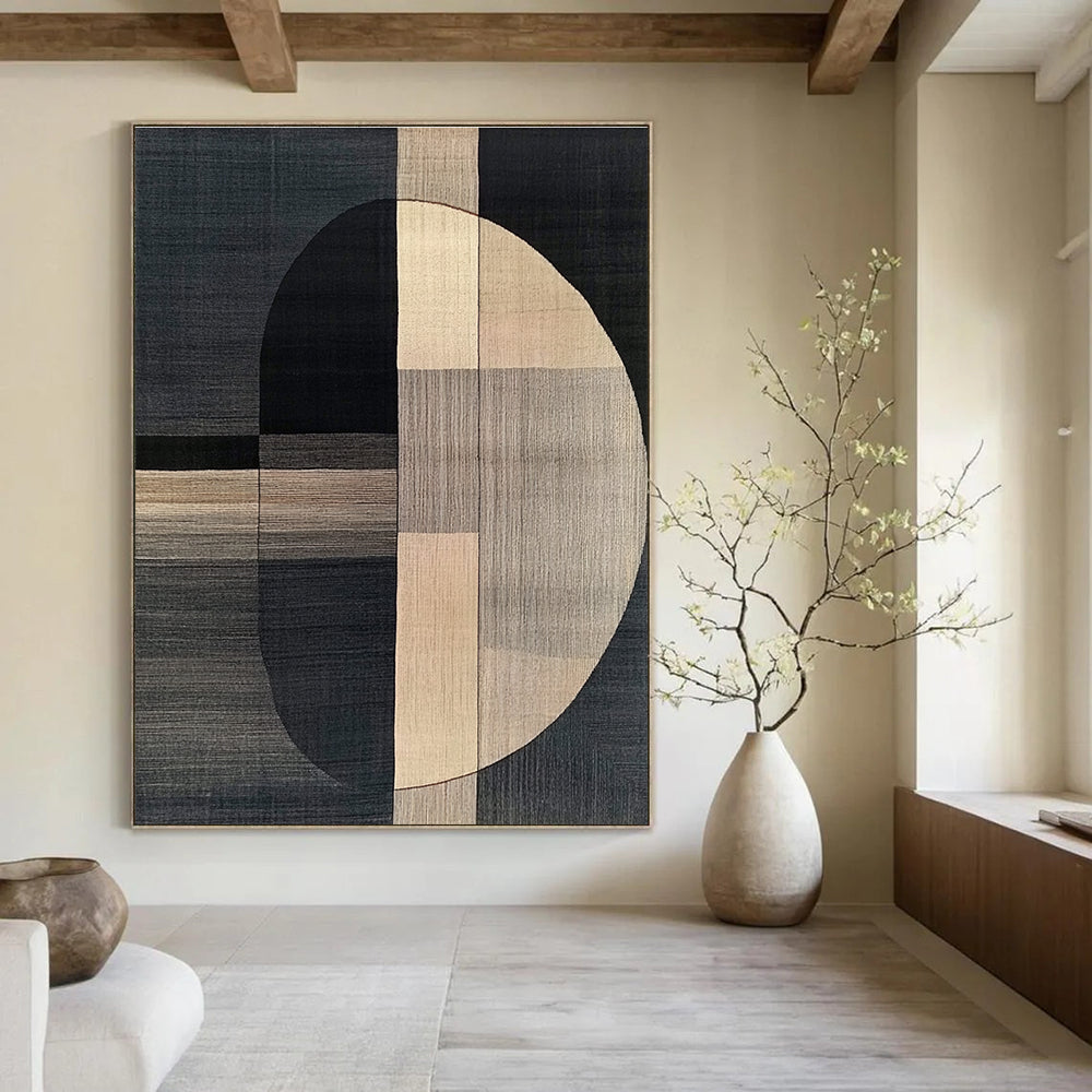 Abstract carpet design inspired by Picasso showcasing dark gray and beige in a modern art style with simple shapes and black lines.STSC1060