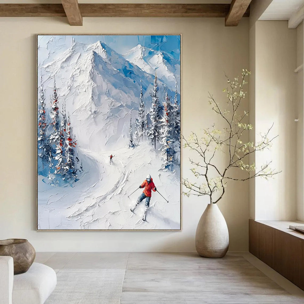 Textured Snow Mountain Ski Scene Abstract Painting with Blue and White ADGE313