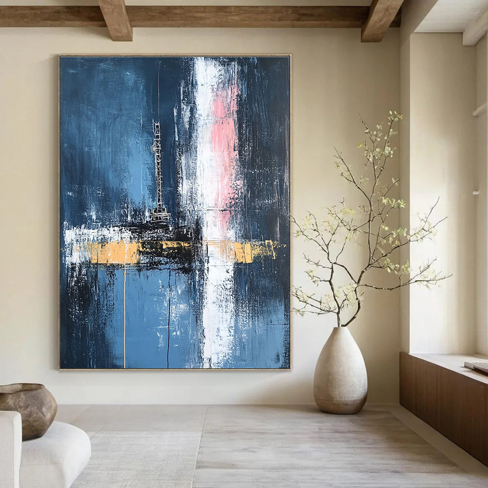 Large abstract painting depicting an oil rig in dark blue and white with hints of pink and yellow featuring loose brush strokes.STSC656