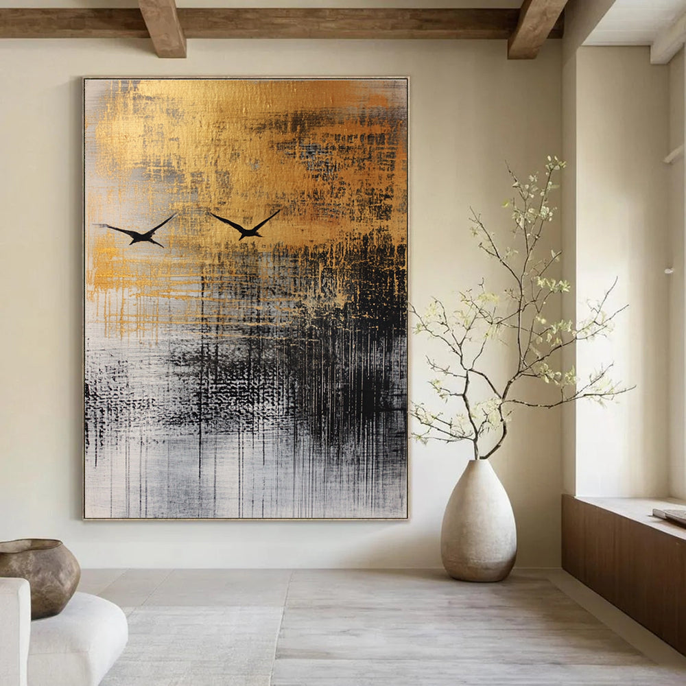 Large abstract painting featuring fluid ink wash techniques, textured materials, and a black bird in flight against a neutral autumnal background.STSC047