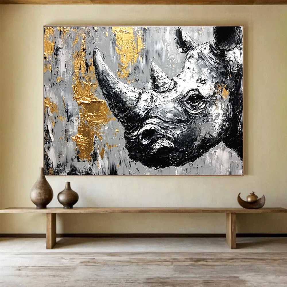 Textured Rhino Portrait Abstract Painting with Gold Accents DYP327