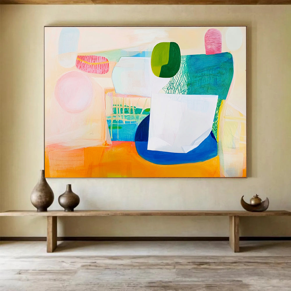 Large abstract painting featuring a white paper bag soft pink and green shapes with blue accents on a warm light orange background.SC518