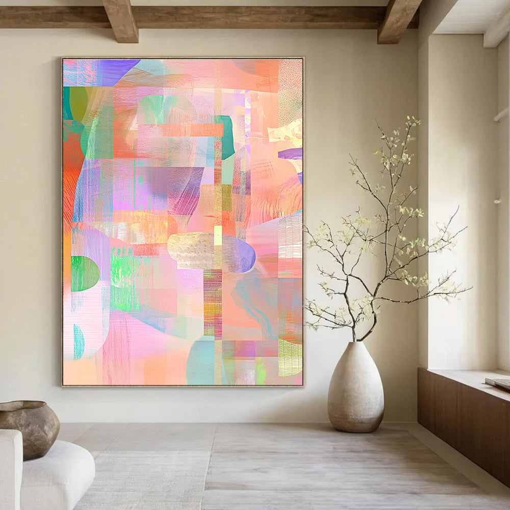 Large abstract illustration featuring a collage of shapes and patterns in pastel pink green orange blue and purple tones.STSC561