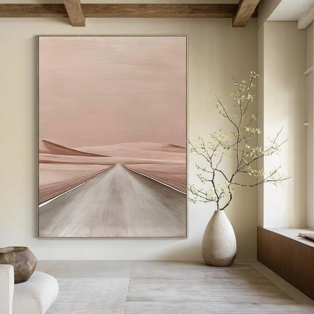 Large abstract painting of a minimalist desert road in a beige color palette inspired by Aron Wiesenfeld and John Larriva.STSC1166