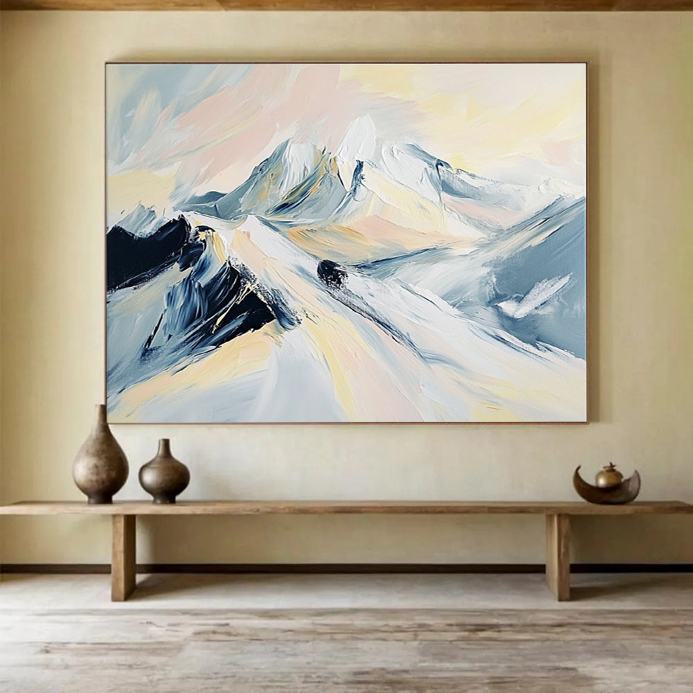 Large abstract painting of snowy mountains featuring soft hues of light gray pale pink beige and black.SC199