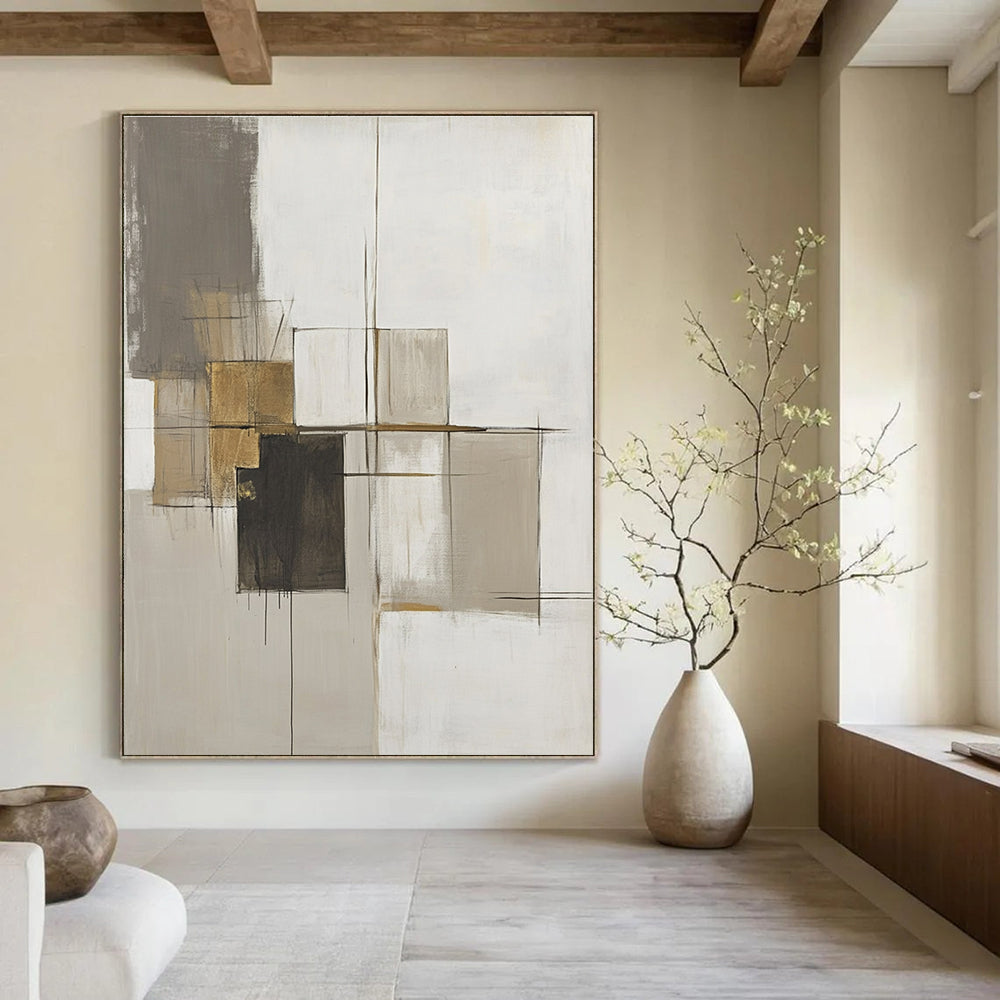 Large abstract painting featuring neutral tones, thick brush strokes, a central abstract structure, and gold accents on a minimalist canvas.STSC778
