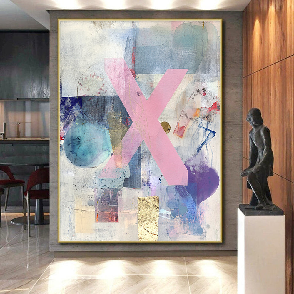 Pink X Collage Abstract Painting with Mixed Media and Gold Accents GER077