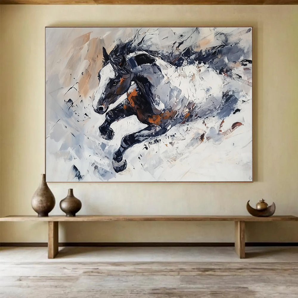 Large abstract painting of a horse in snow featuring loose brush strokes monochrome tones with brown white accents and dynamic textured movement.SC594