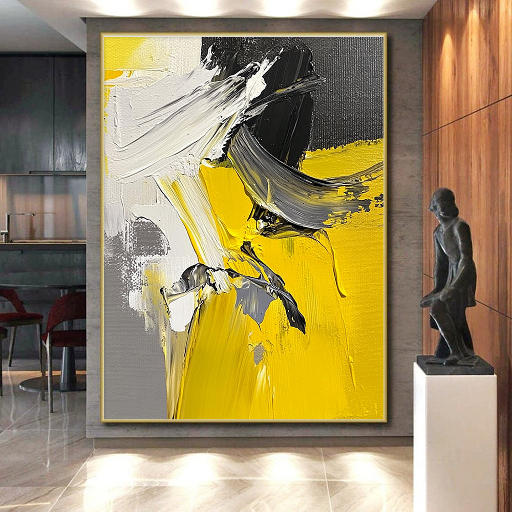 Yellow Gray and White Abstract Painting with Thick Impasto GER552