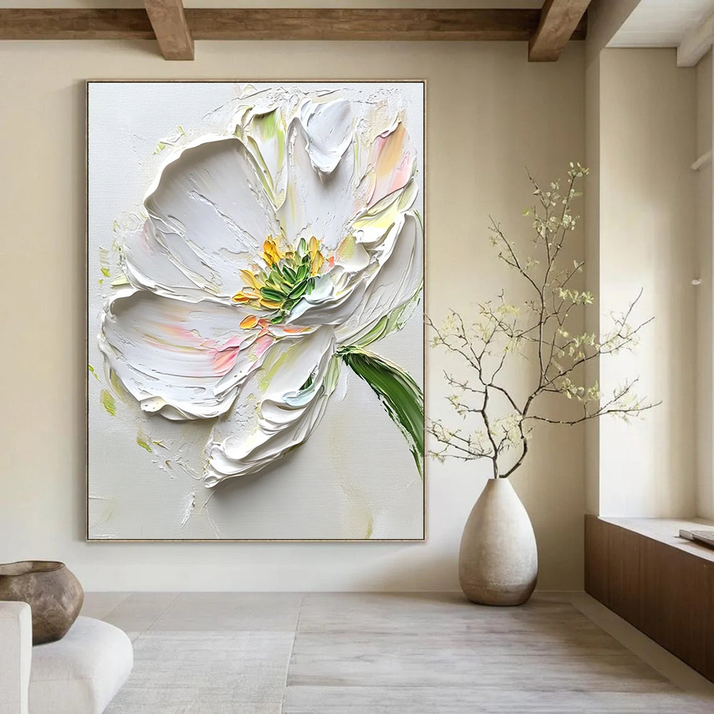 Abstract painting featuring white flowers with green leaves on a light gray background showcasing elegant brush strokes and beautiful accents.STSC1482