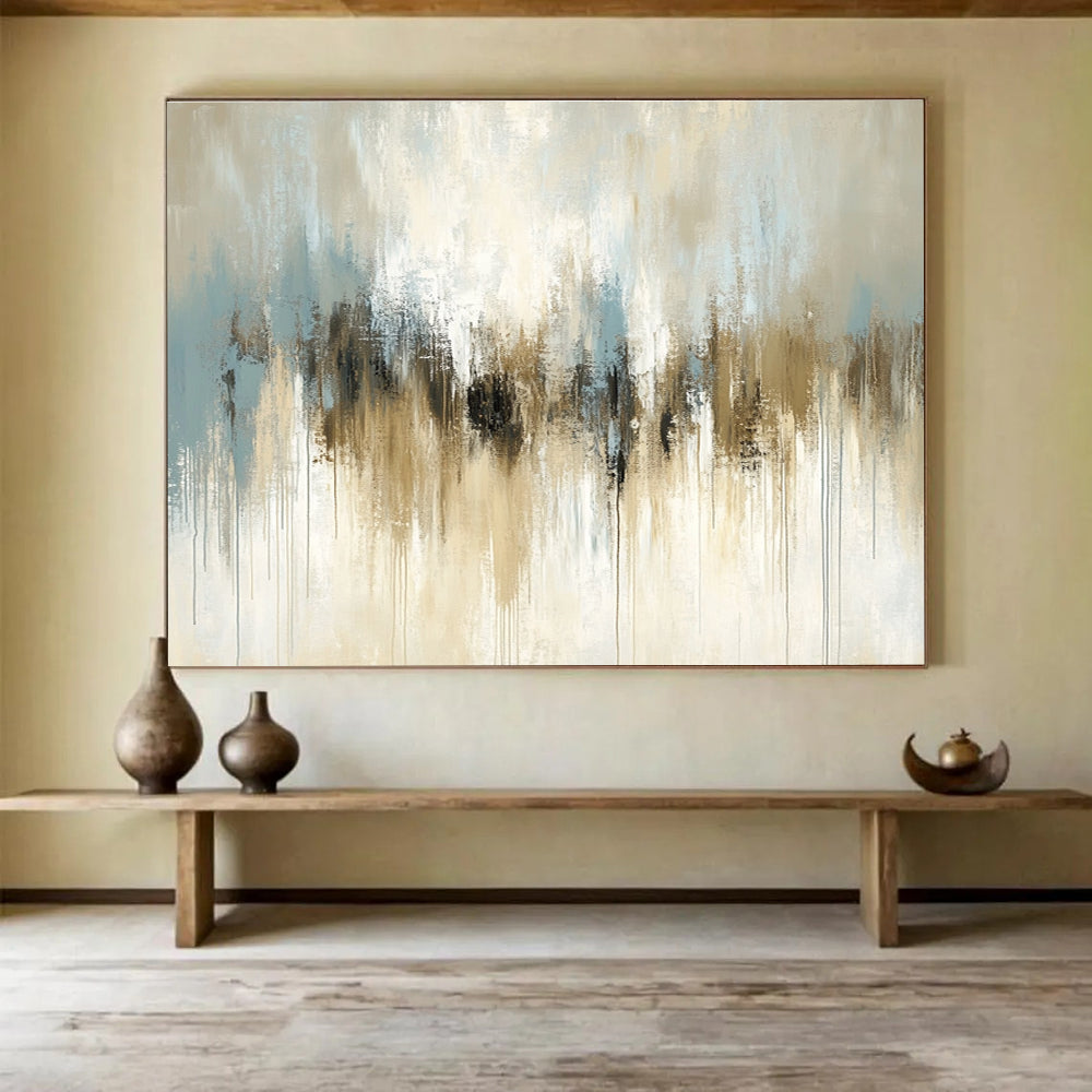 Beige and Blue Abstract Painting with Dripping Effects DYP171