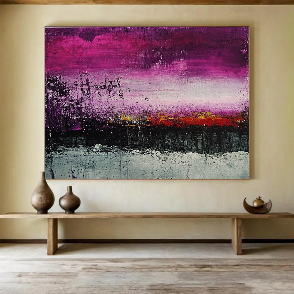 A large abstract painting of a landscape featuring purple and grey shades with textured dark green and red tones for a striking visual impact.SC341