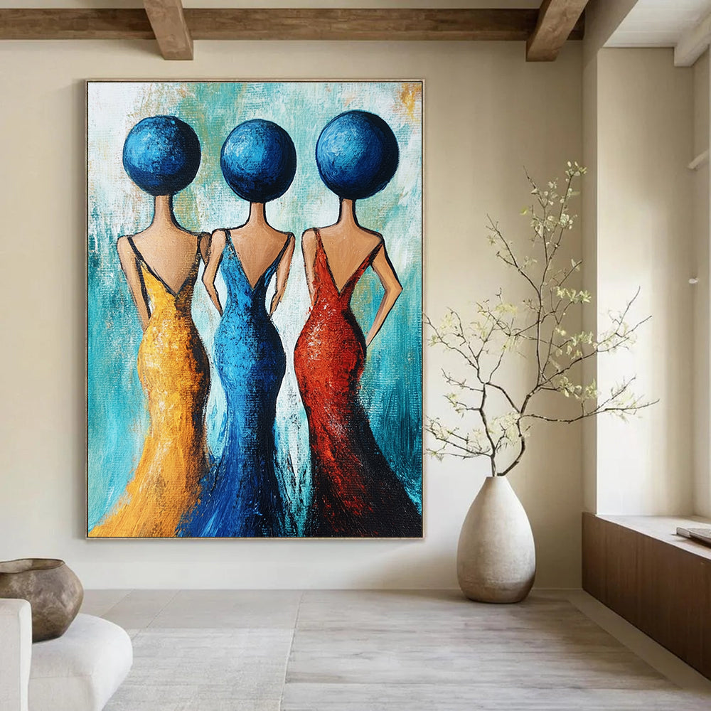Large abstract acrylic painting featuring three women in evening dresses adorned with blue spheres against a turquoise background in full-body view.STSC005