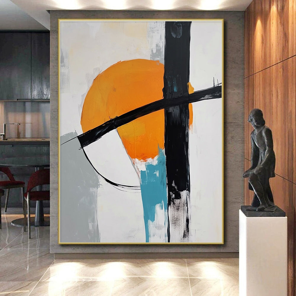 Orange Black and White Abstract Painting with Circular Motifs GER697