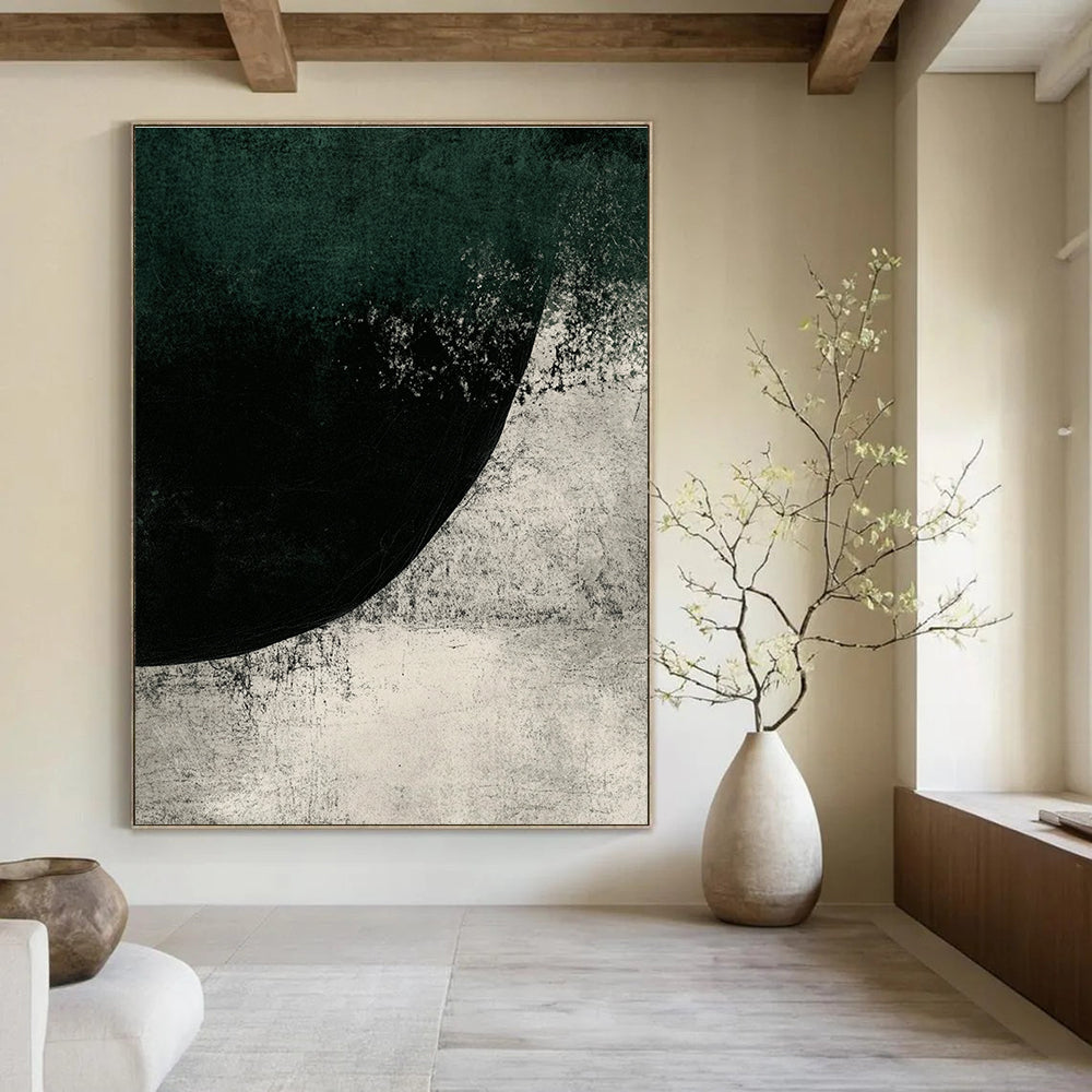 Large abstract painting featuring dark green and gray tones with ink texture and a mysterious rounded shape creating a cold nature-inspired atmosphere.STSC524
