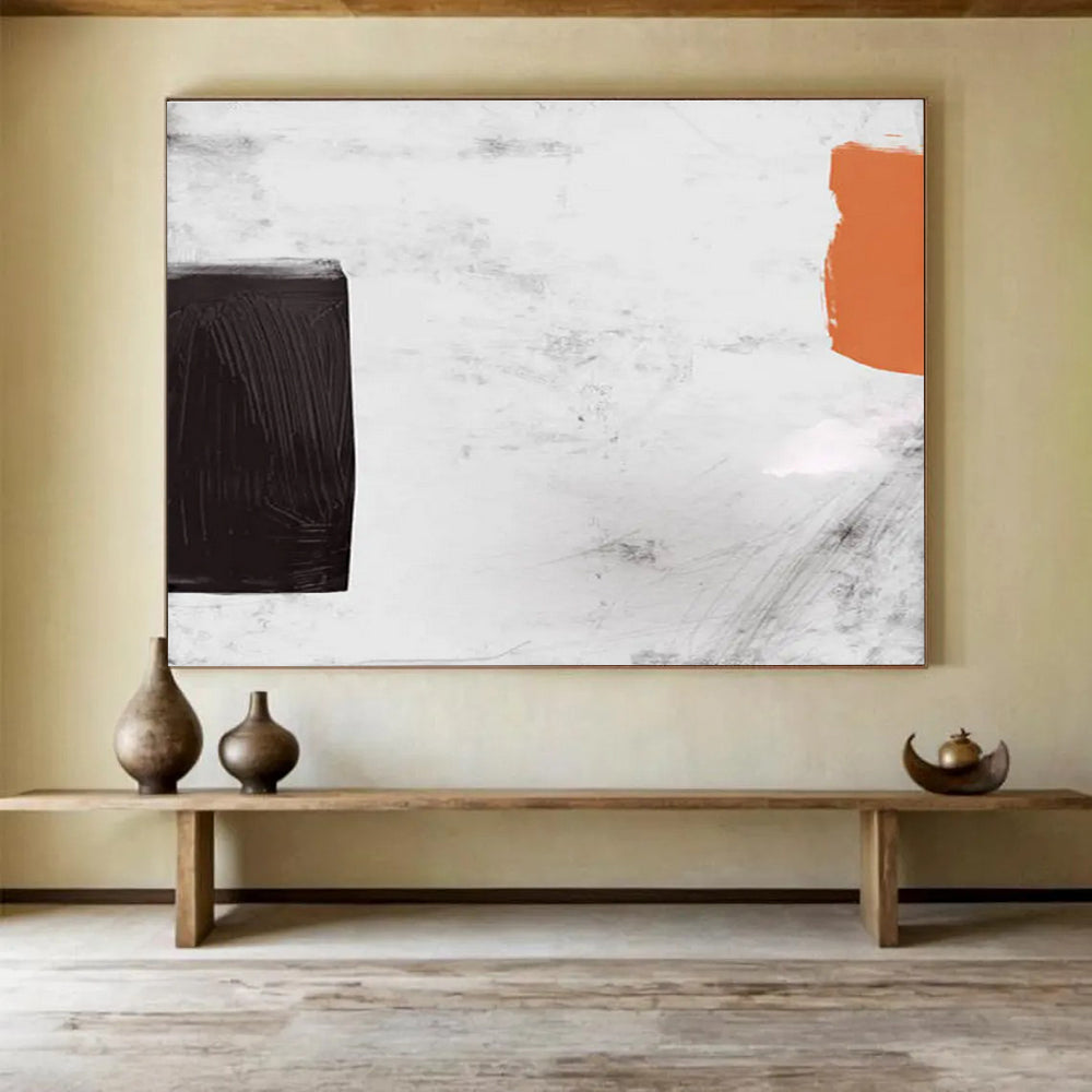 Minimalist Color Block Abstract Painting with Black, White, and Orange THY146