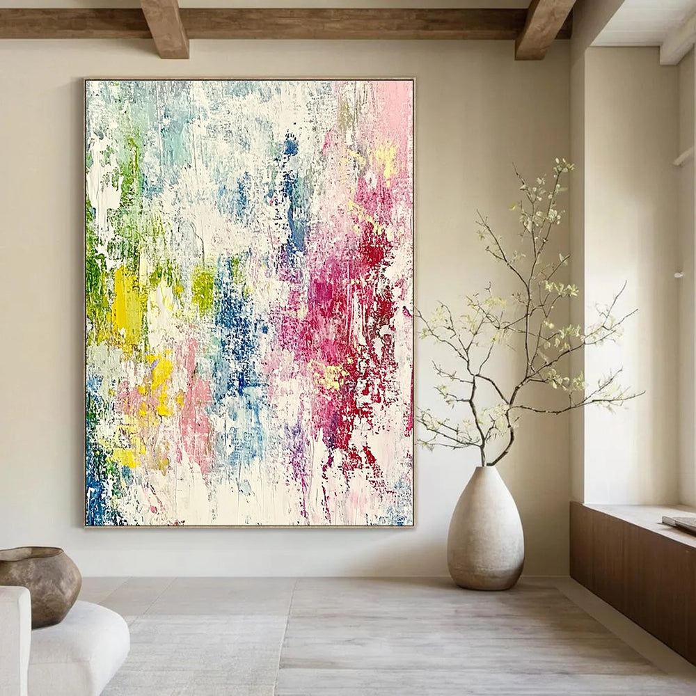 Large abstract painting with pastel colors featuring expressive brushstrokes and fine lines, creating a dynamic sense of movement and depth.STSC581