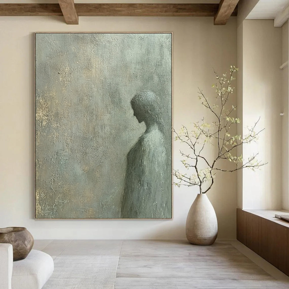 A large abstract painting featuring a flat gray wall texture with subtle noise and color variations in the style of oil painting by Leonardo da Vinci.STSC997