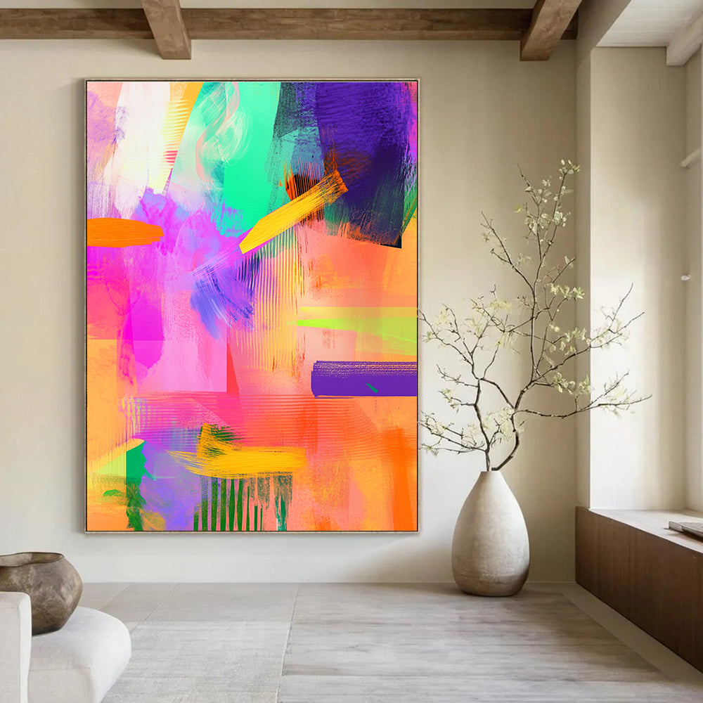 Large abstract painting featuring vibrant brush strokes in neon pink and mint green with details of purple and orange for a modern aesthetic.STSC551