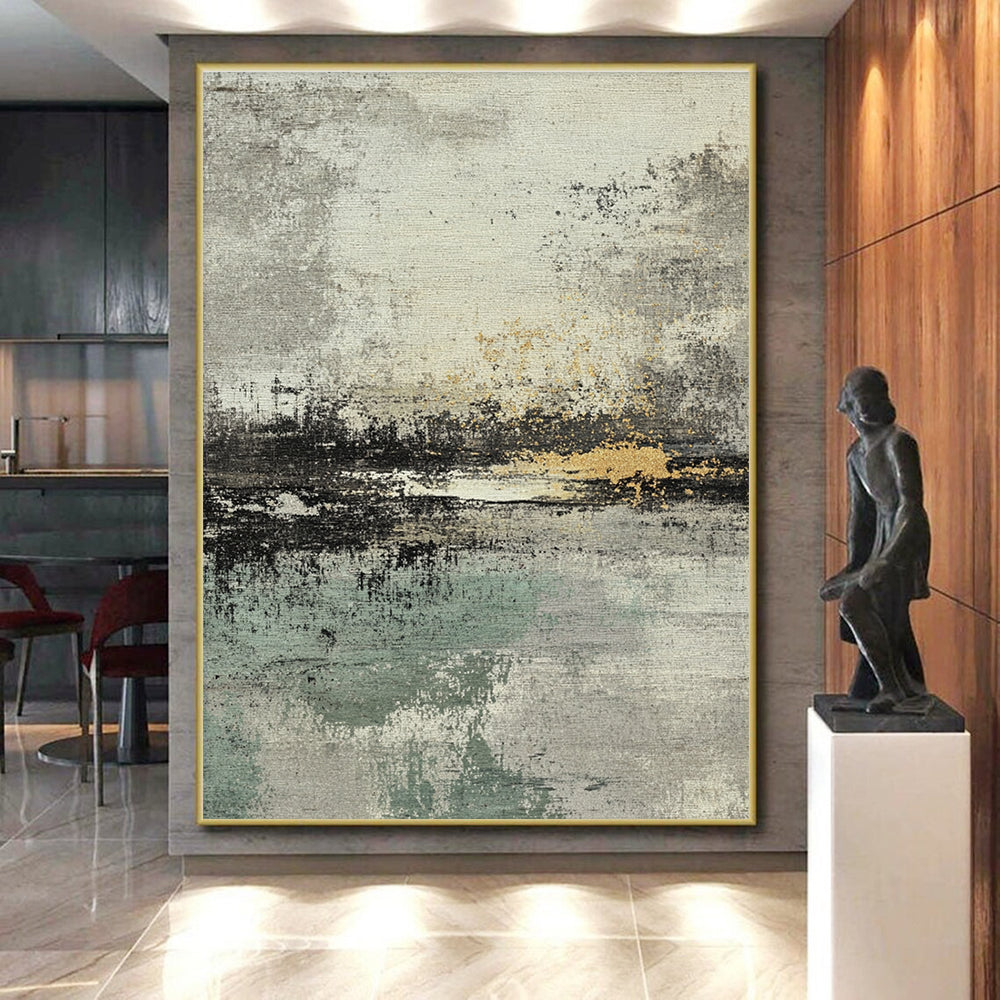 Gray Green and Gold Abstract Painting with Layered Textures GER034
