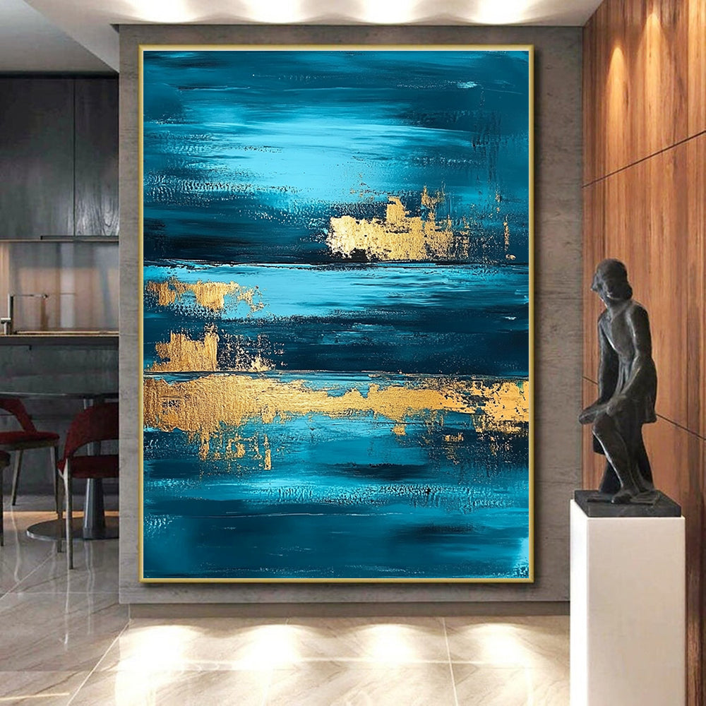 Deep Blue and Gold Abstract Painting with Layered Horizons GER375